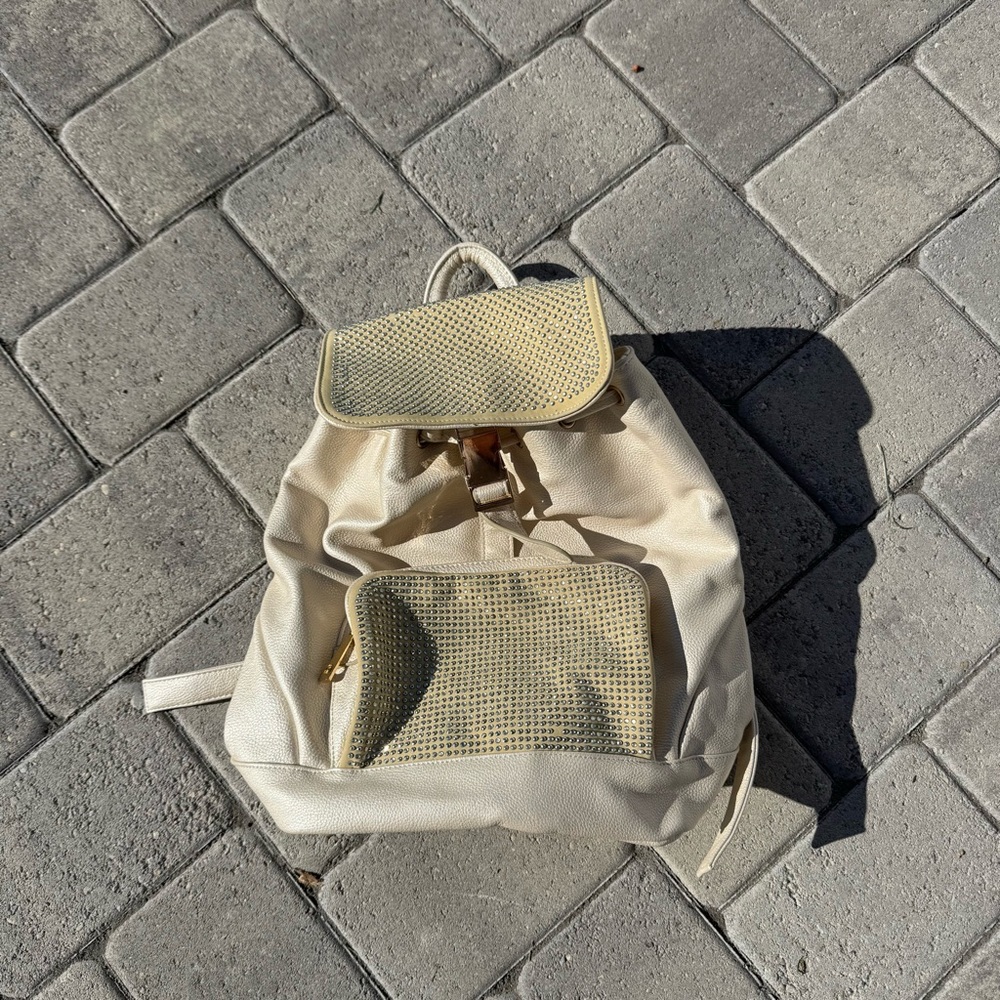 Pearl Cream Backpack with Gold Details rhinestones